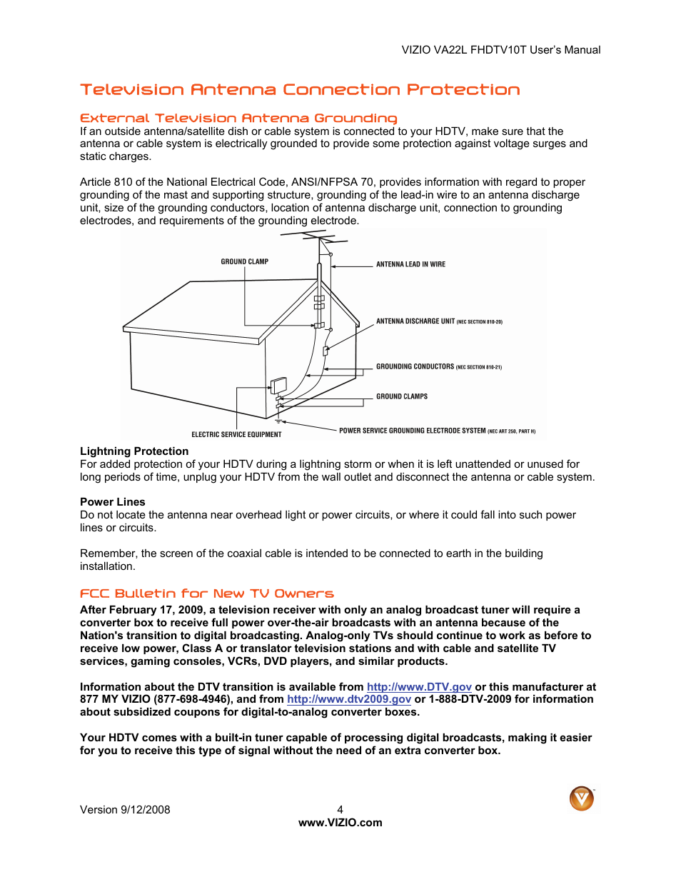 Television antenna connection protection | Vizio VA22LF HDTV10T User Manual | Page 4 / 52