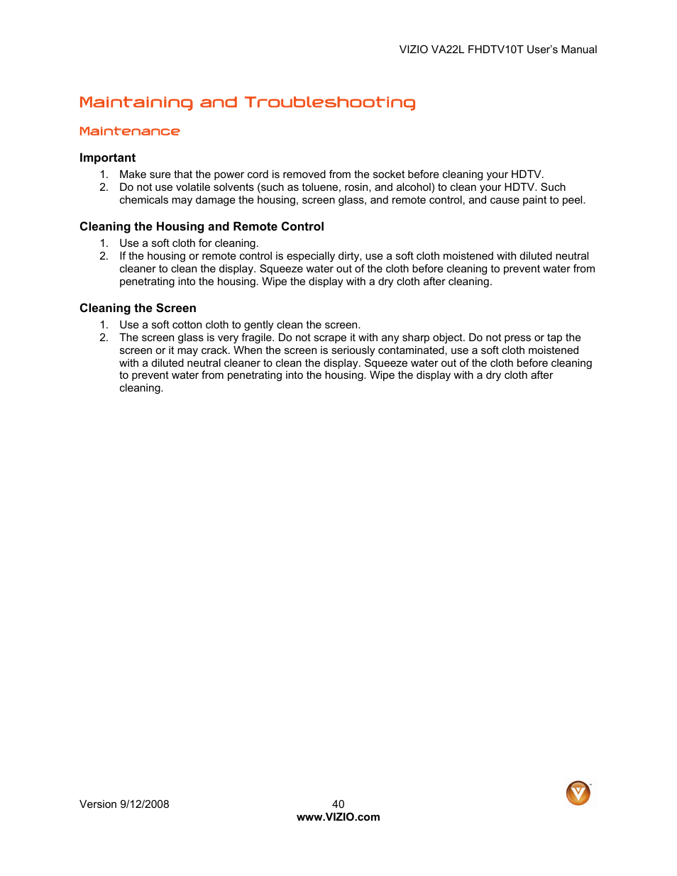 Maintaining and troubleshooting | Vizio VA22LF HDTV10T User Manual | Page 40 / 52