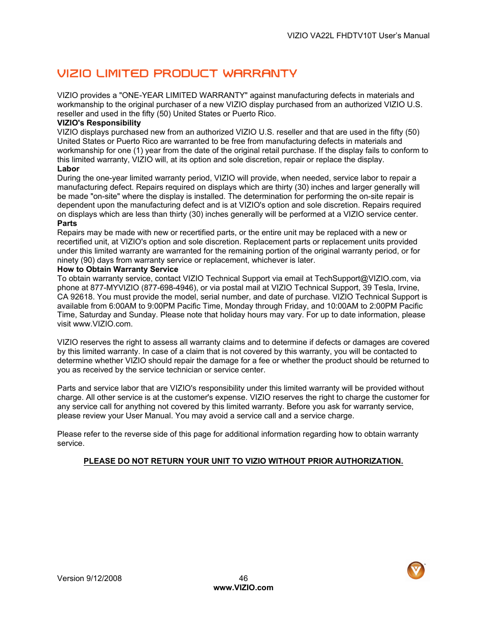 Vizio limited product warranty | Vizio VA22LF HDTV10T User Manual | Page 46 / 52