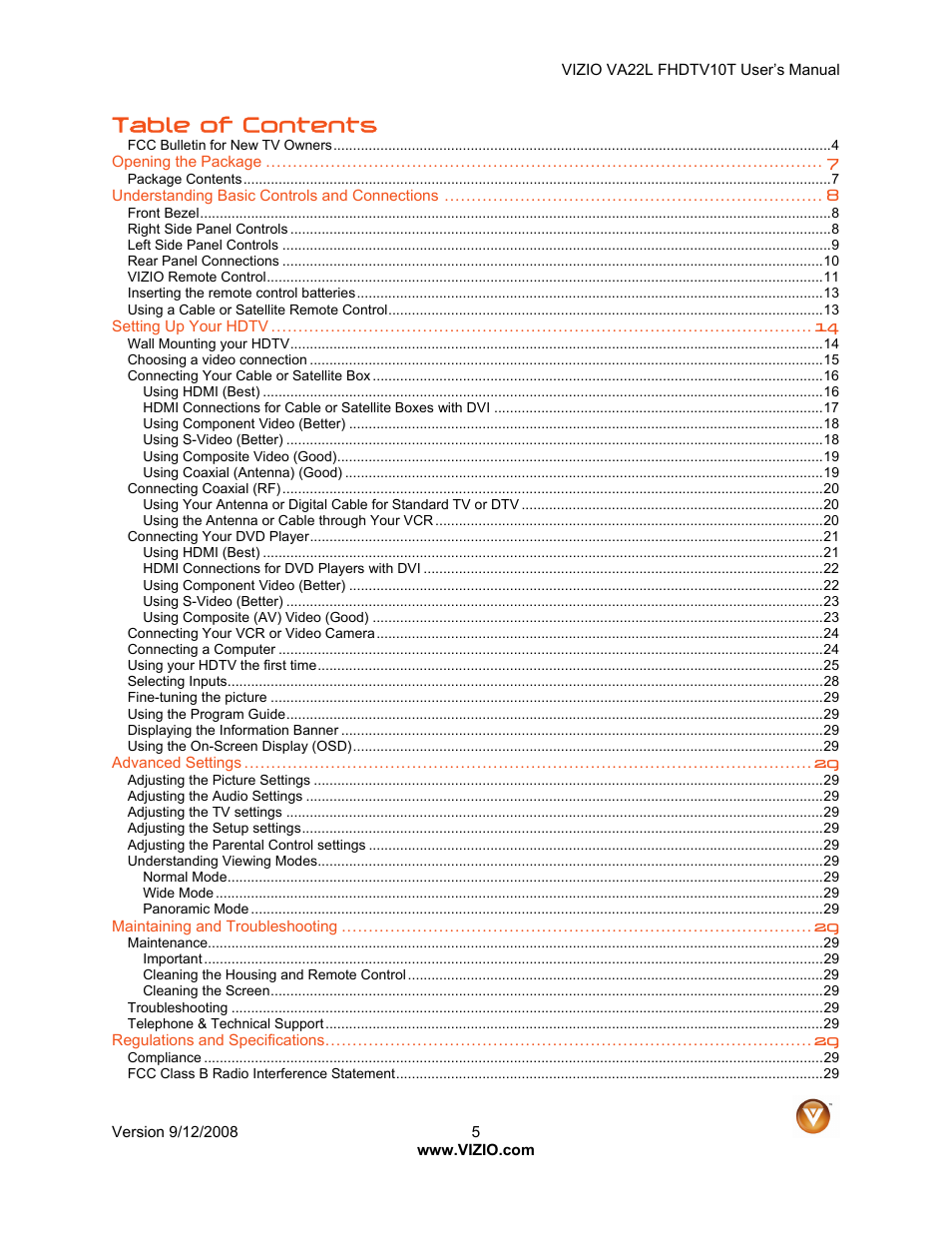Vizio VA22LF HDTV10T User Manual | Page 5 / 52