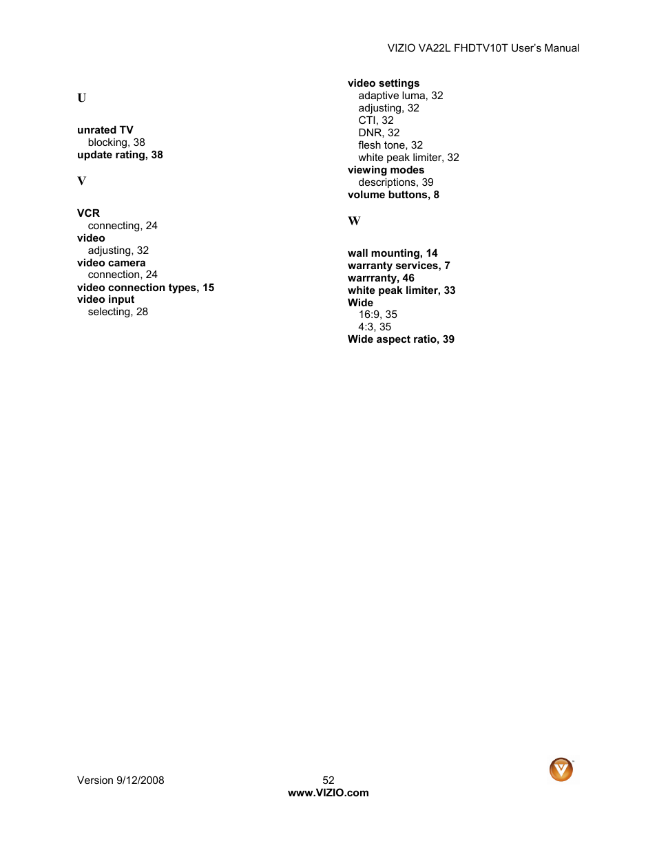 Vizio VA22LF HDTV10T User Manual | Page 52 / 52