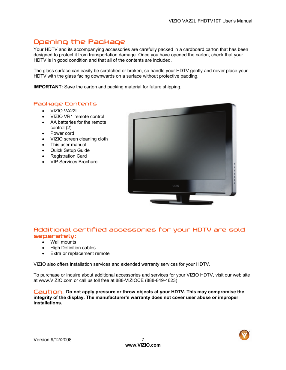 Opening the package | Vizio VA22LF HDTV10T User Manual | Page 7 / 52
