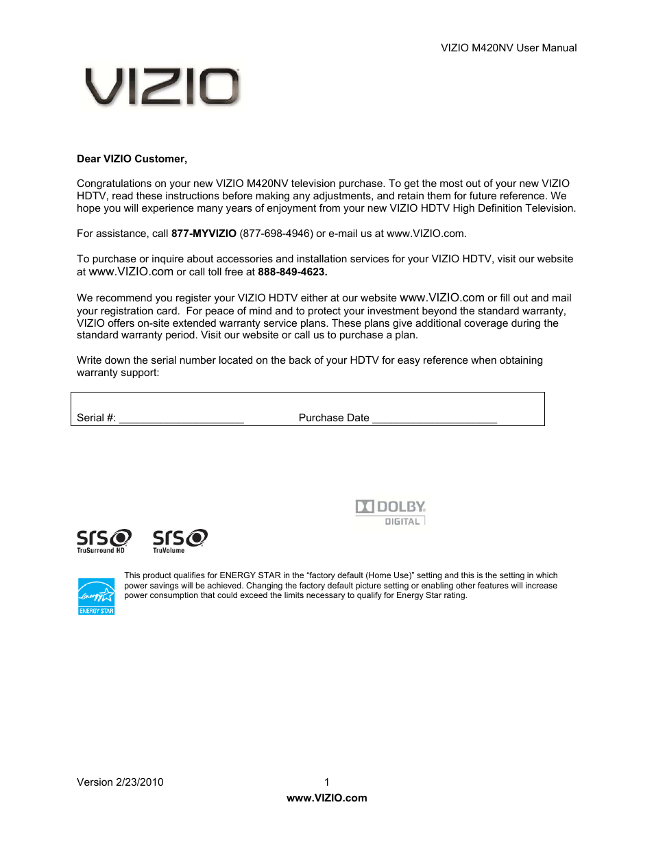 Vizio M420NV User Manual | 78 pages
