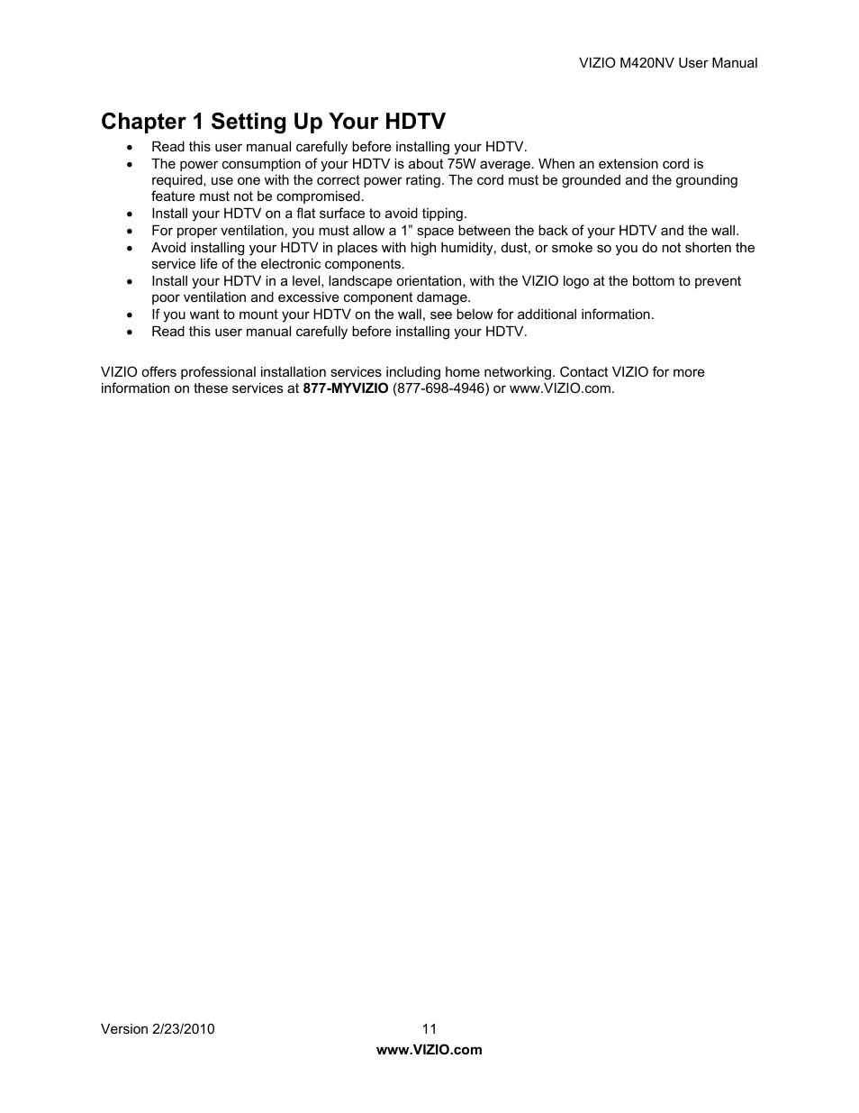 Chapter 1 setting up your hdtv | Vizio M420NV User Manual | Page 11 / 78