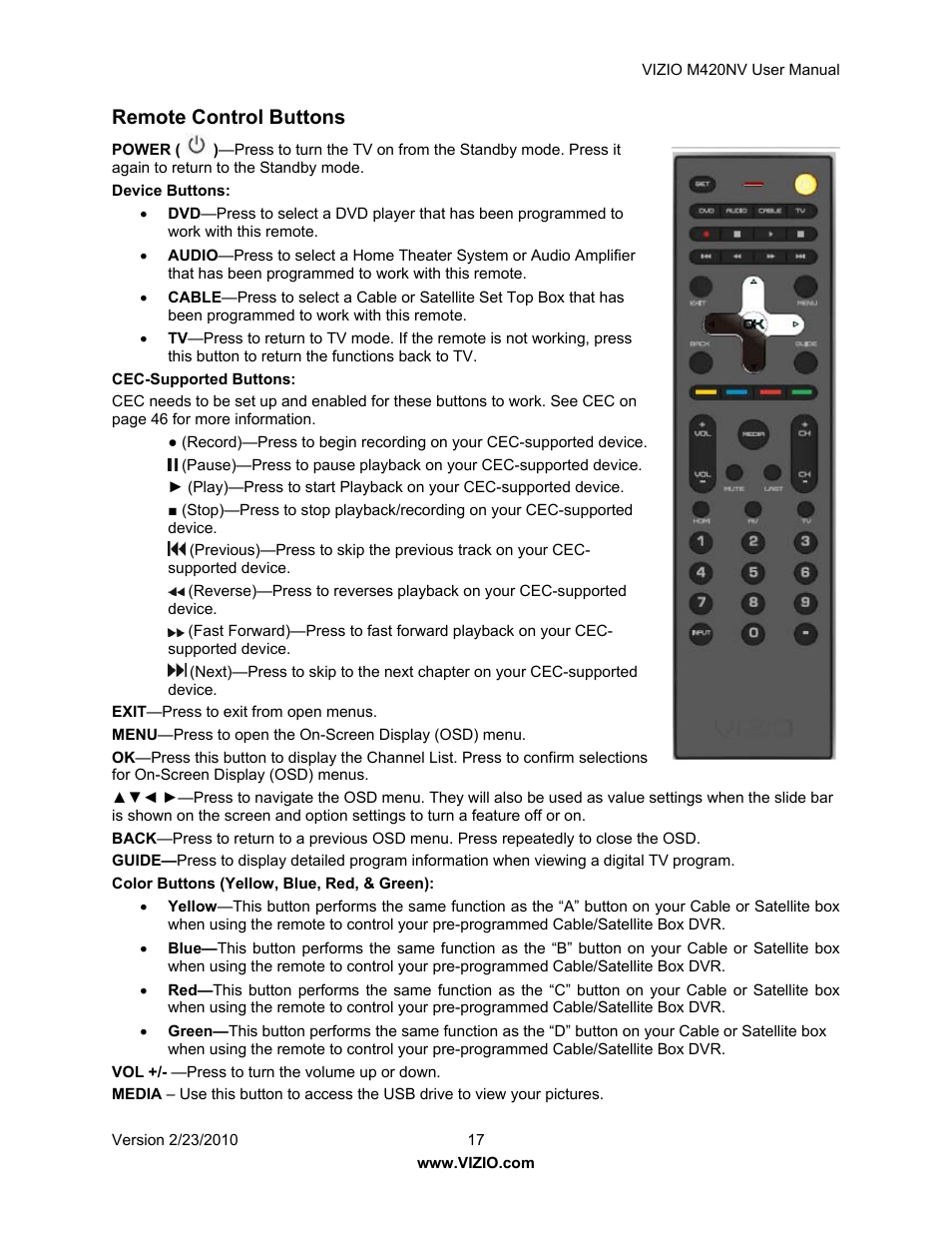 Remote control buttons | Vizio M420NV User Manual | Page 17 / 78