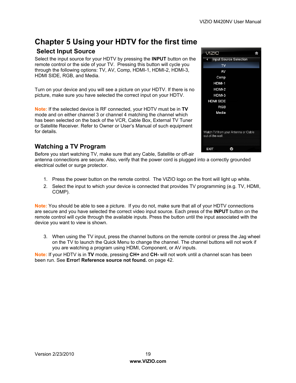 Chapter 5 using your hdtv for the first time, Select input source, Watching a tv program | Vizio M420NV User Manual | Page 19 / 78