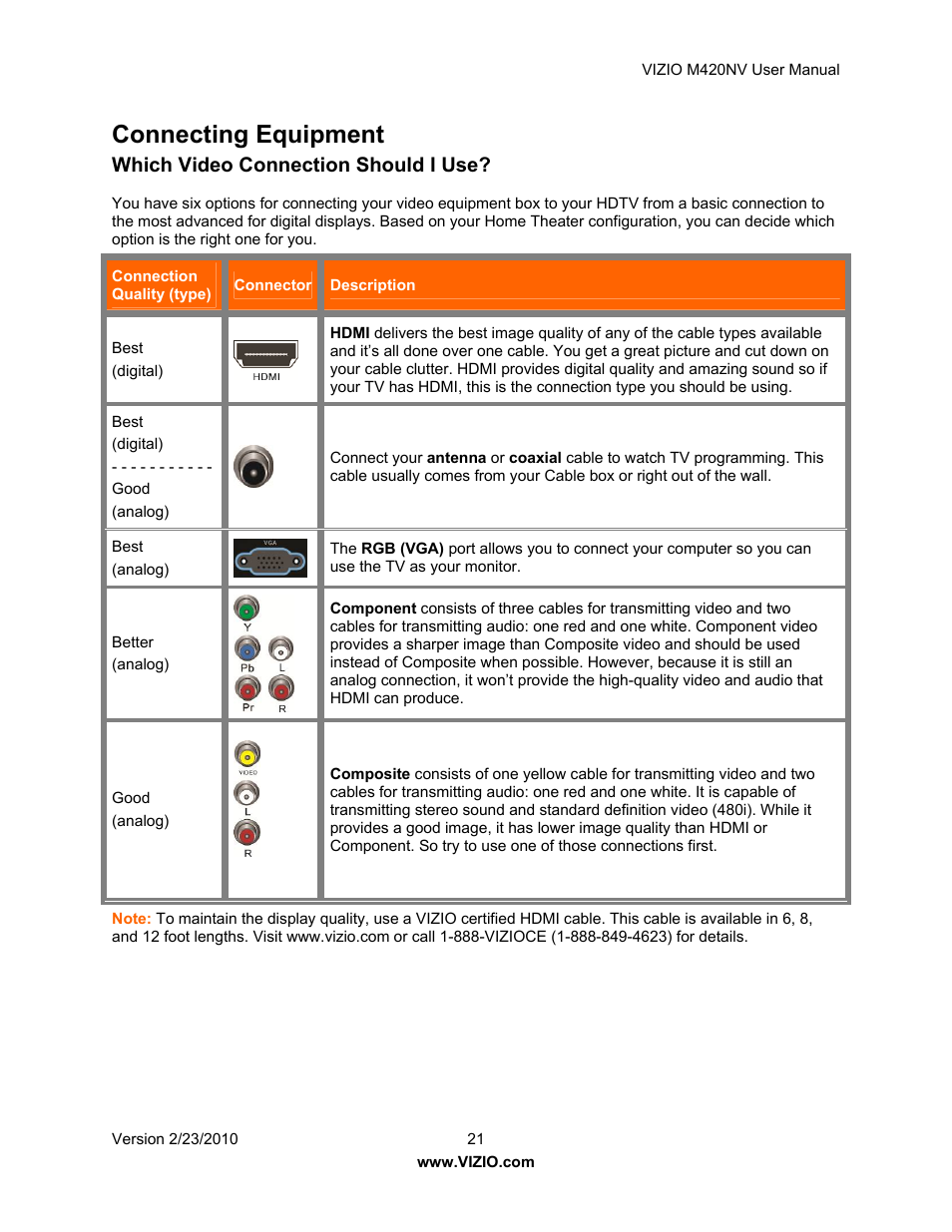 Connecting equipment, Which video connection should i use | Vizio M420NV User Manual | Page 21 / 78