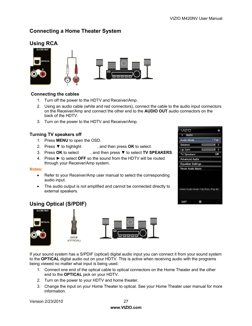Connecting a home theater system using rca, Using optical (s/pdif) | Vizio M420NV User Manual | Page 27 / 78