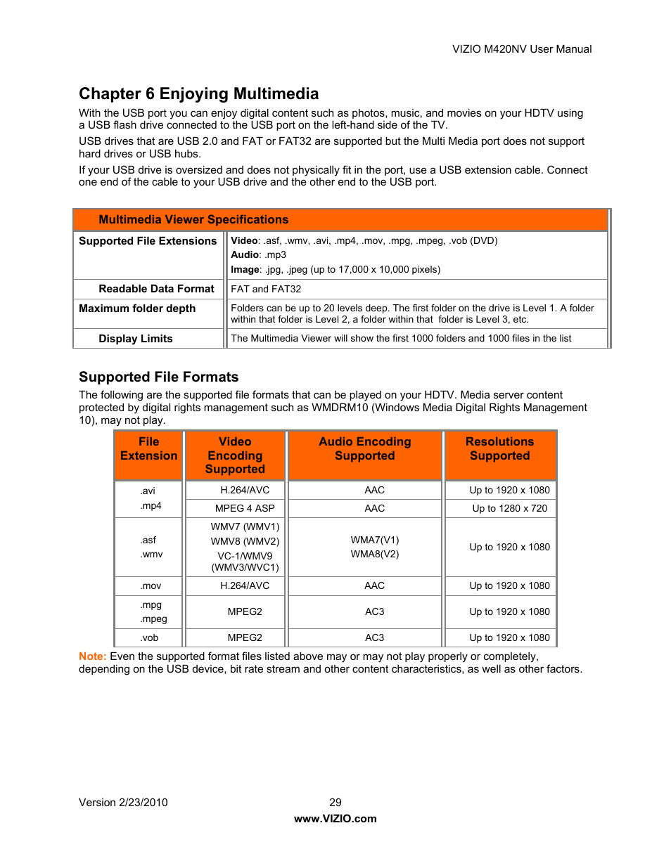 Chapter 6 enjoying multimedia, Supported file formats | Vizio M420NV User Manual | Page 29 / 78