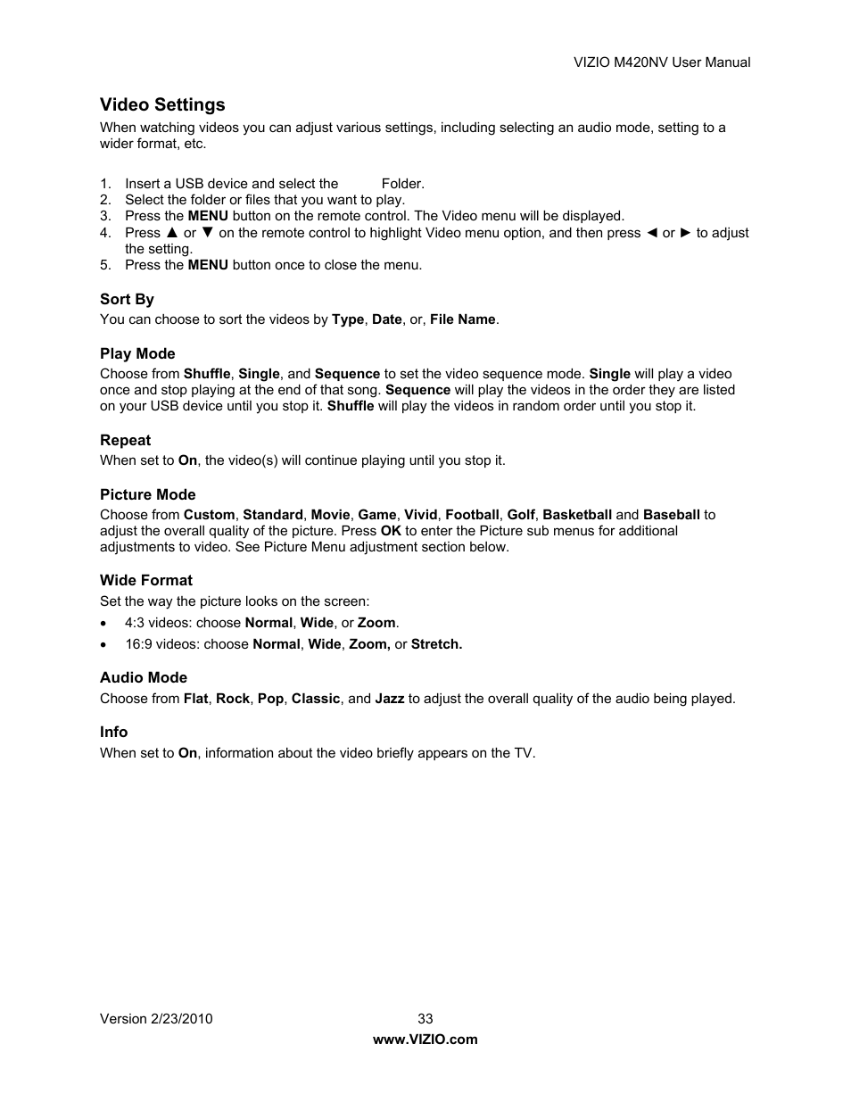 Video settings | Vizio M420NV User Manual | Page 33 / 78