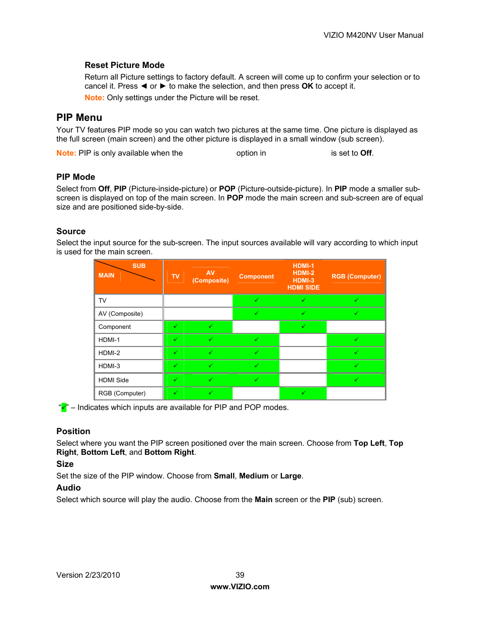 Pip menu, Reset picture mode, Pip mode | Source, Position, Size, Audio | Vizio M420NV User Manual | Page 39 / 78