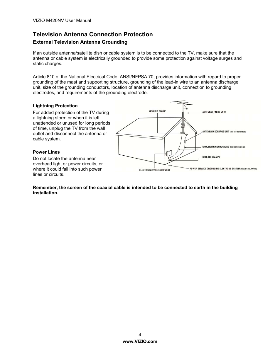 Television antenna connection protection | Vizio M420NV User Manual | Page 4 / 78