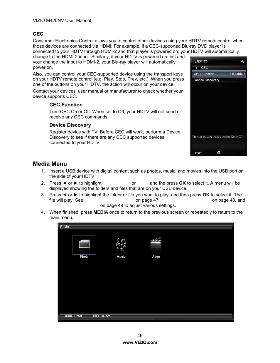 Media menu | Vizio M420NV User Manual | Page 46 / 78