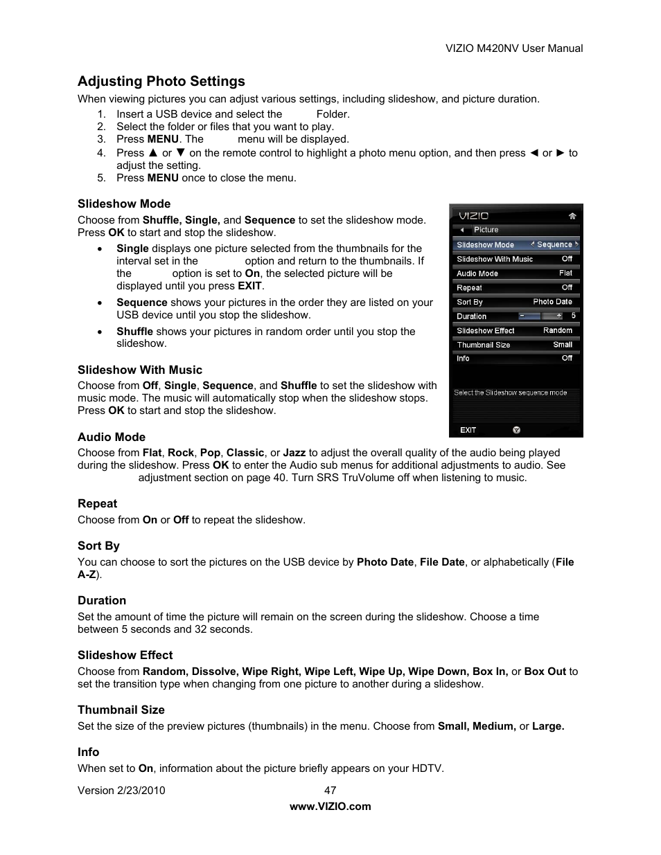 Adjusting photo settings | Vizio M420NV User Manual | Page 47 / 78