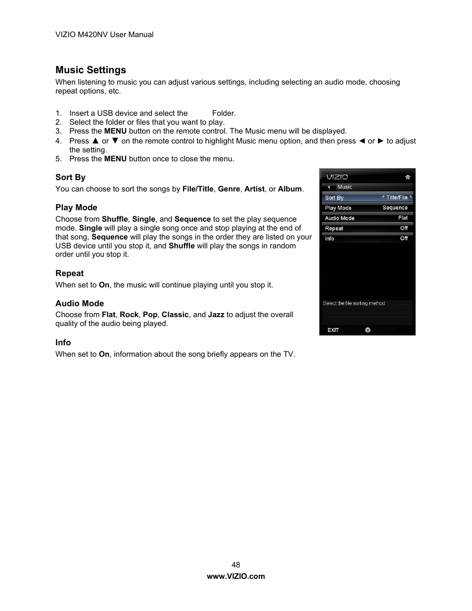 Music settings | Vizio M420NV User Manual | Page 48 / 78