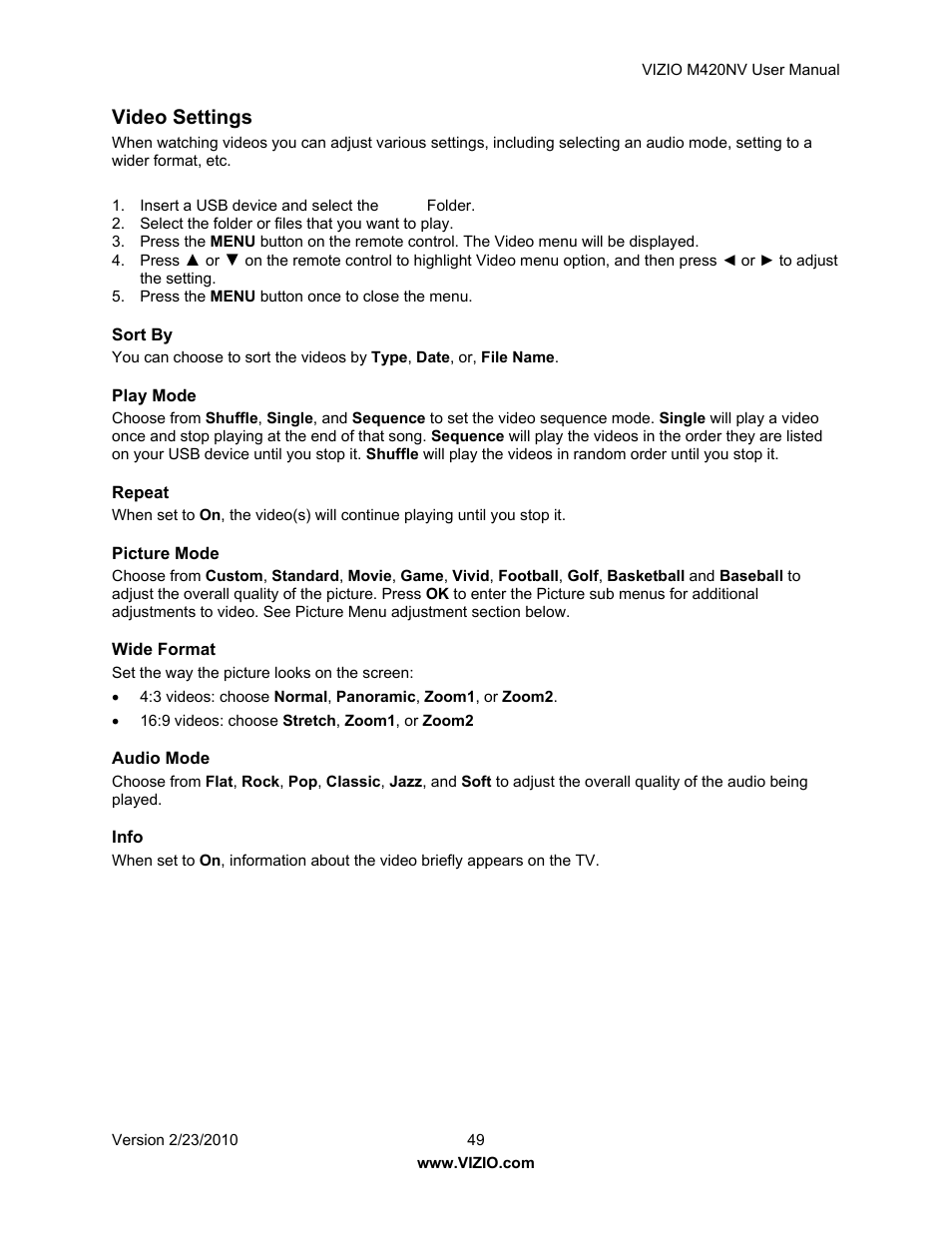 Video settings | Vizio M420NV User Manual | Page 49 / 78