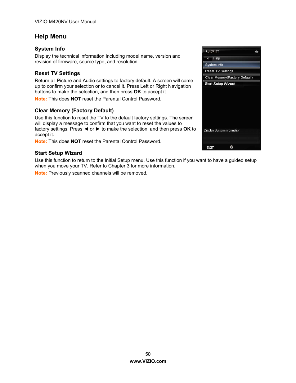 Help menu | Vizio M420NV User Manual | Page 50 / 78