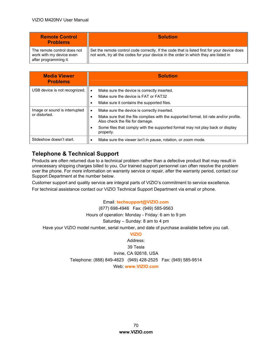 Telephone & technical support | Vizio M420NV User Manual | Page 70 / 78