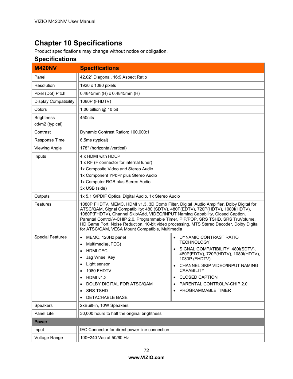 Chapter 10 specifications, Specifications, M420nv specifications | Vizio M420NV User Manual | Page 72 / 78