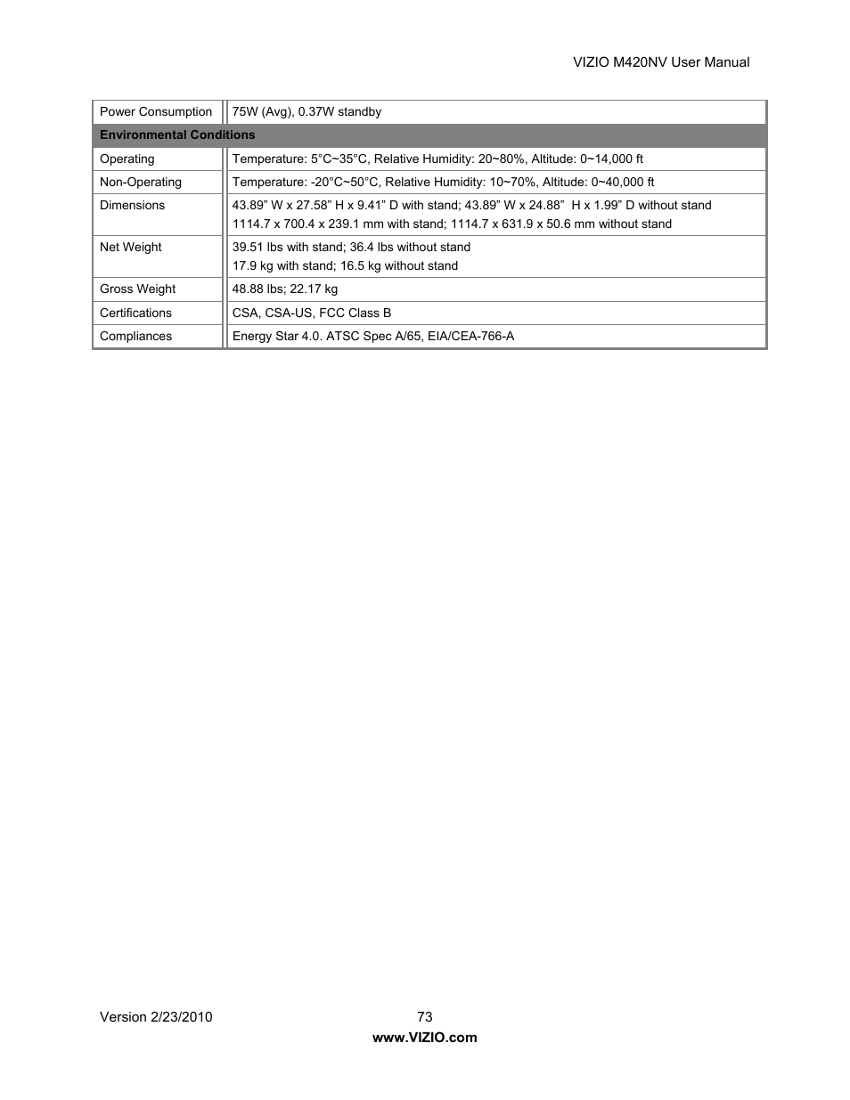 Vizio M420NV User Manual | Page 73 / 78