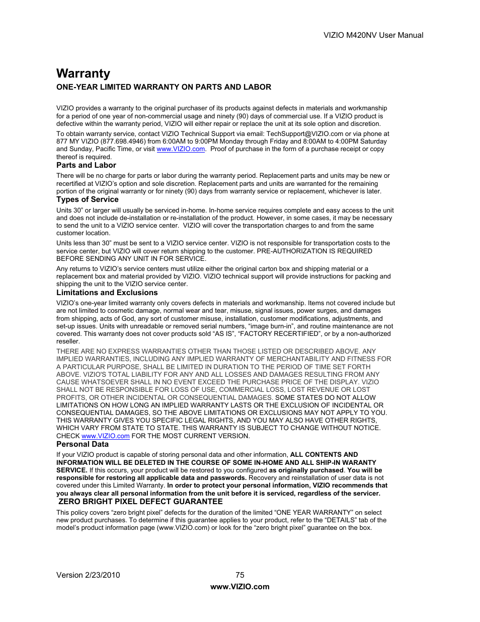 Warranty | Vizio M420NV User Manual | Page 75 / 78