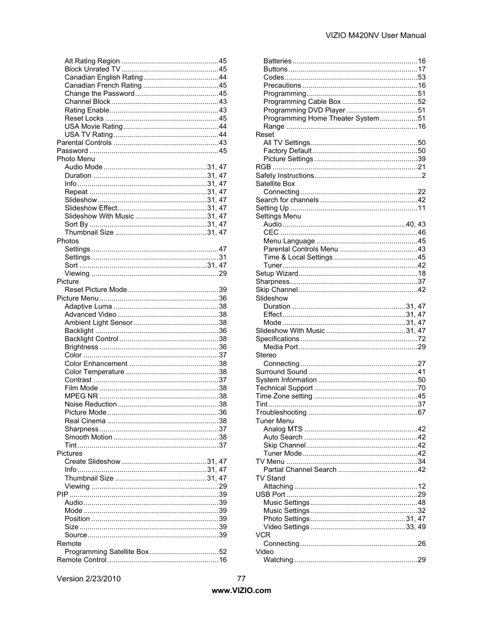 Vizio M420NV User Manual | Page 77 / 78