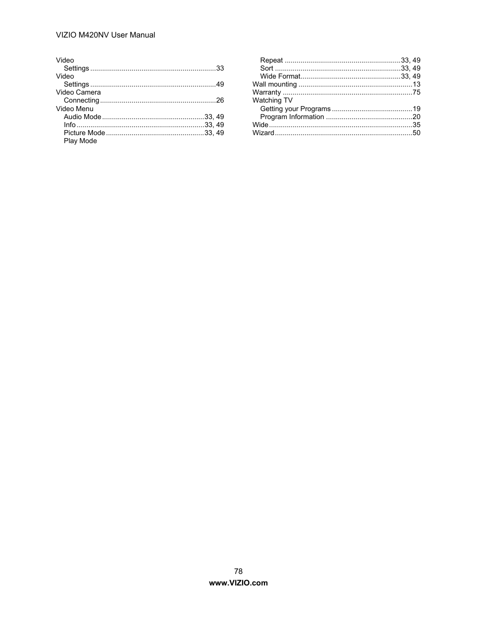 Vizio M420NV User Manual | Page 78 / 78