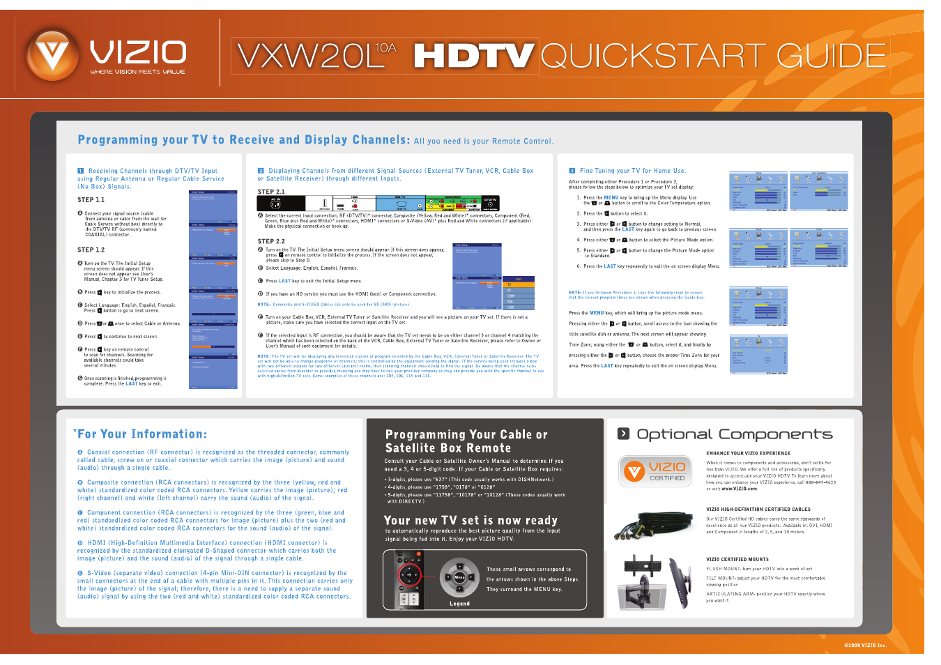 For your information, Programming your cable or satellite box remote, Your new tv set is now ready | Jizlo vxw20r hdtvquickstart guide, Pt