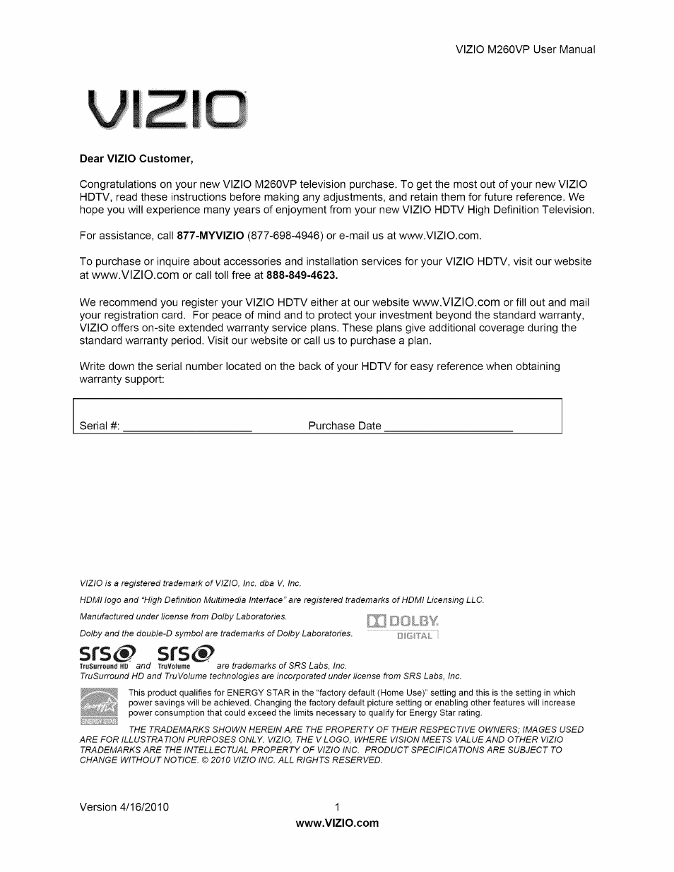 Vizio M260VP User Manual | 52 pages