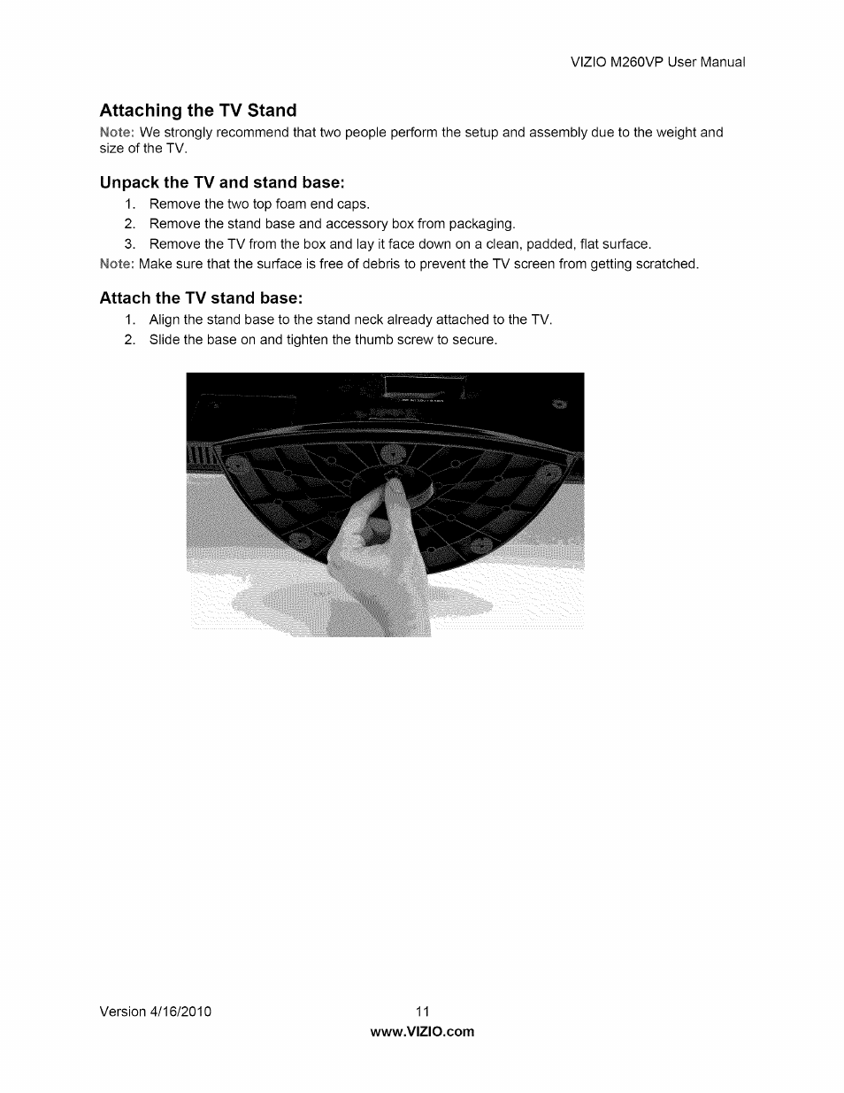 Attaching the tv stand, Unpack the tv and stand base, Attach the tv stand base | Vizio M260VP User Manual | Page 11 / 52