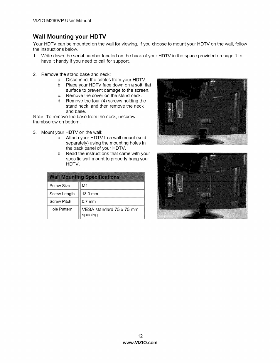 Wall mounting your hdtv | Vizio M260VP User Manual | Page 12 / 52