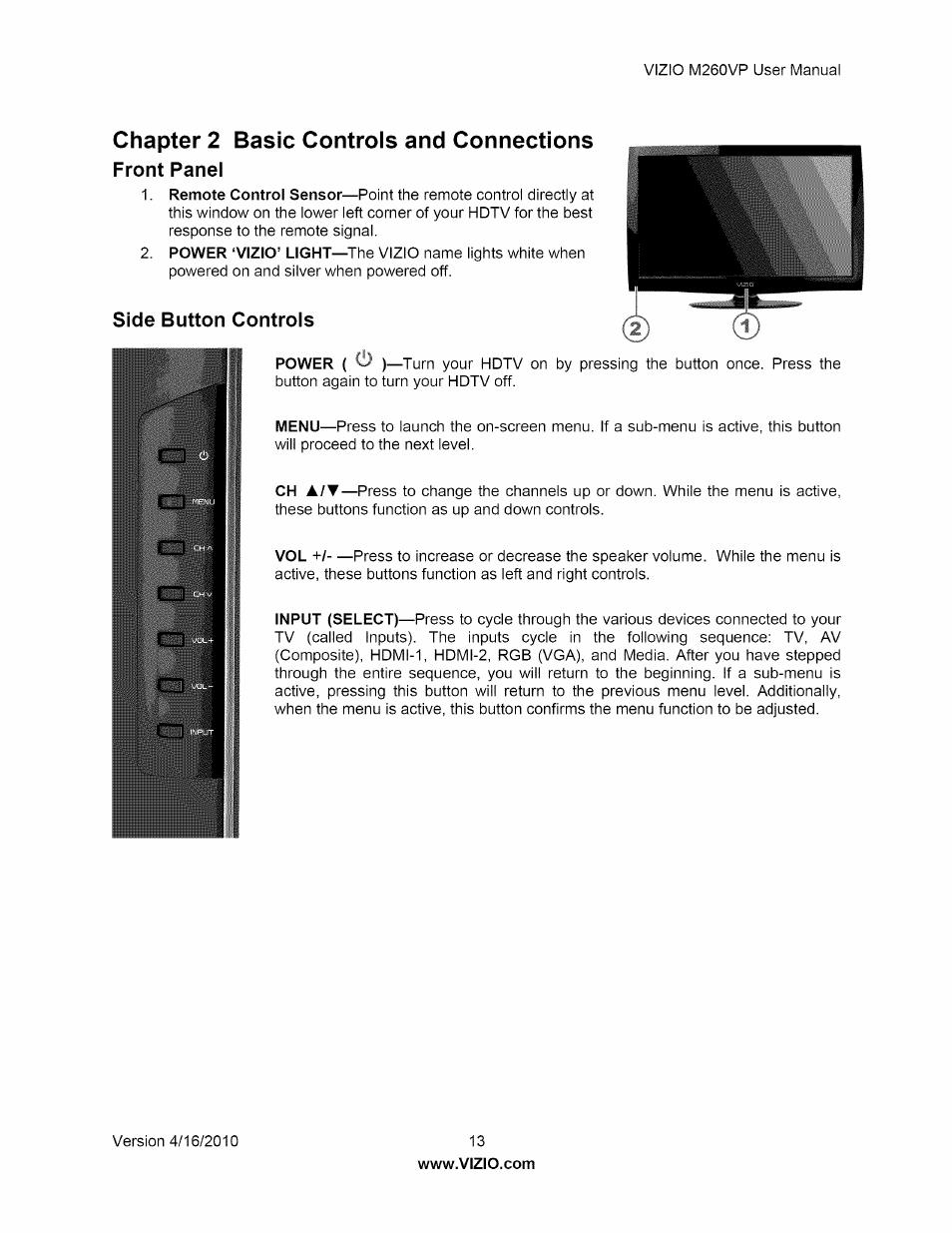 Chapter 2 basic controls and connections, Front panel, Side button controls | Vizio M260VP User Manual | Page 13 / 52