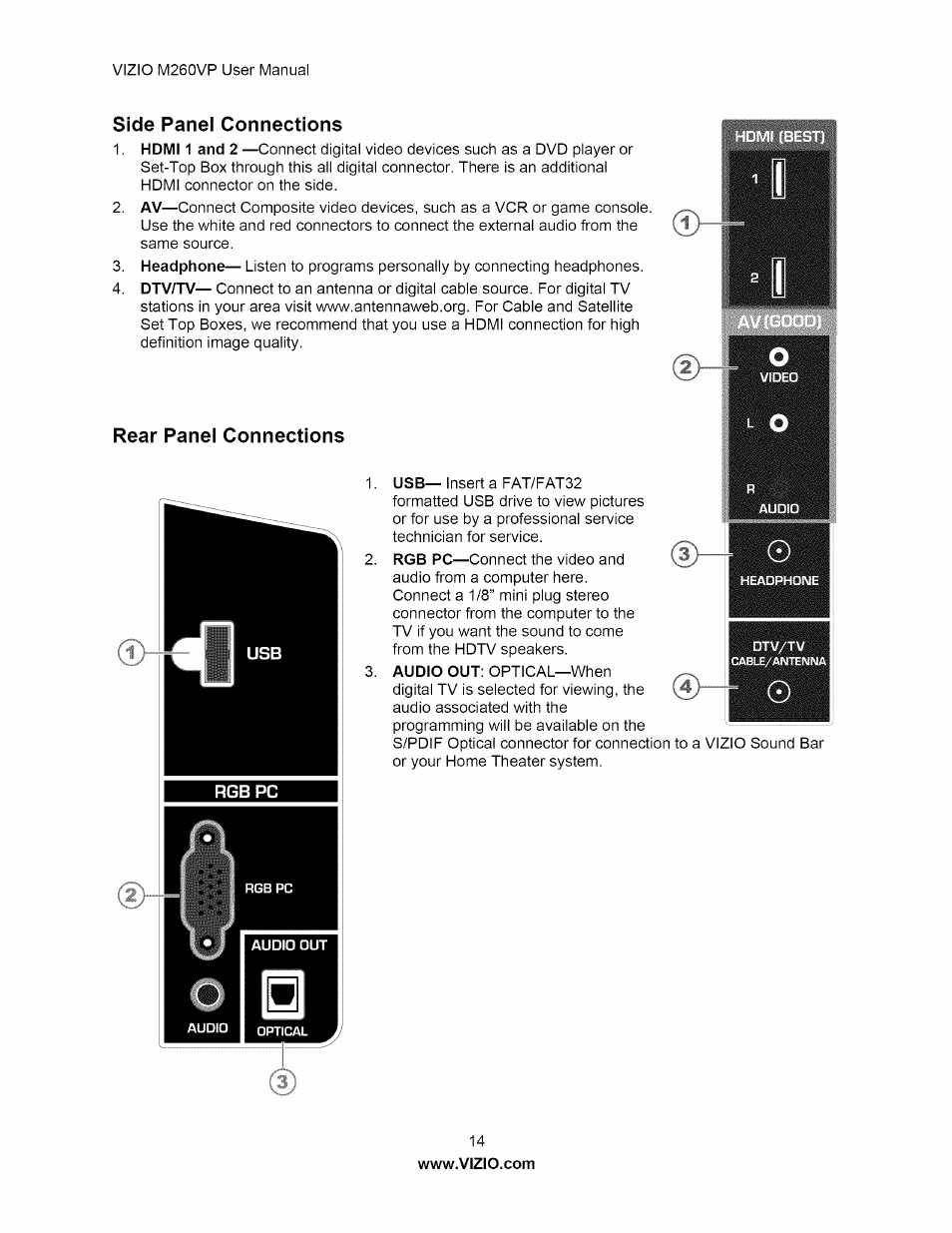 Side panel connections, Rear panel connections, Side panel connections rear panel connections | Vizio M260VP User Manual | Page 14 / 52