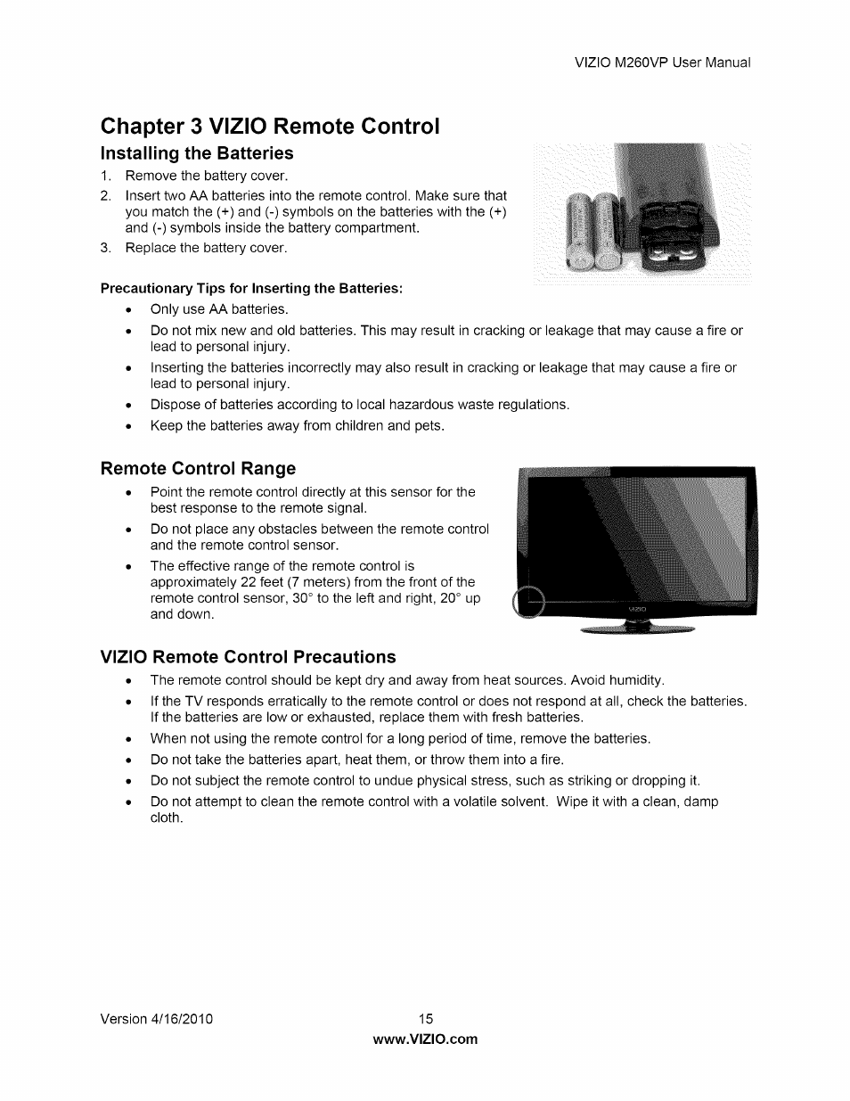 Chapter 3 vizio remote control, Installing the batteries, Remote control range | Vizio remote control precautions, Vizic remote control precautions | Vizio M260VP User Manual | Page 15 / 52