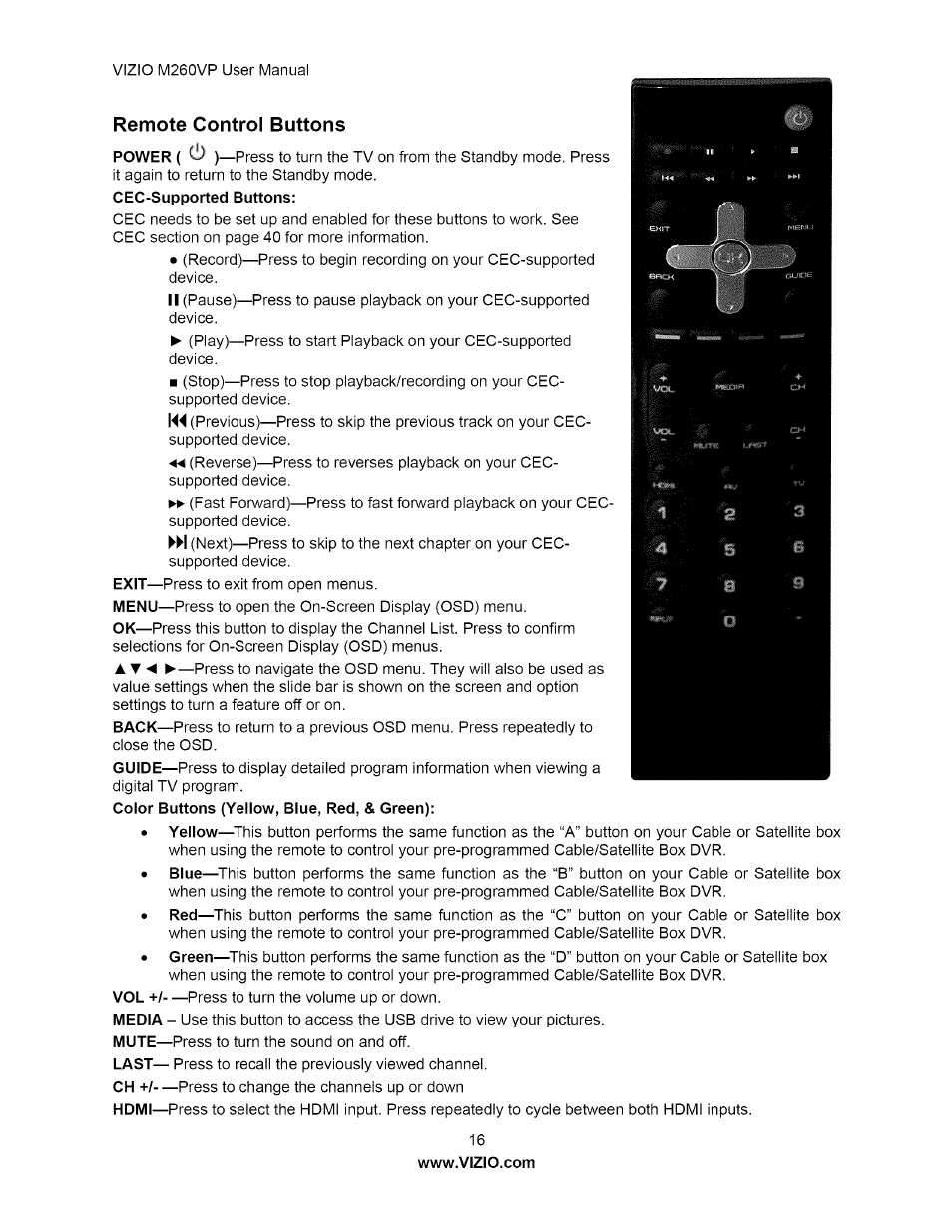 Remote control buttons | Vizio M260VP User Manual | Page 16 / 52