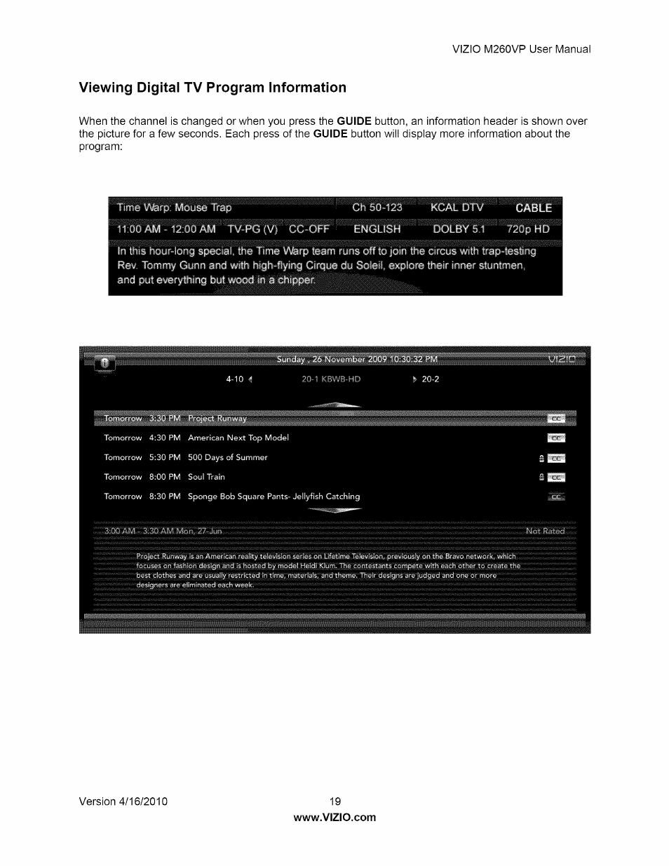 Viewing digitai tv program information, Viewing digital tv program information | Vizio M260VP User Manual | Page 19 / 52