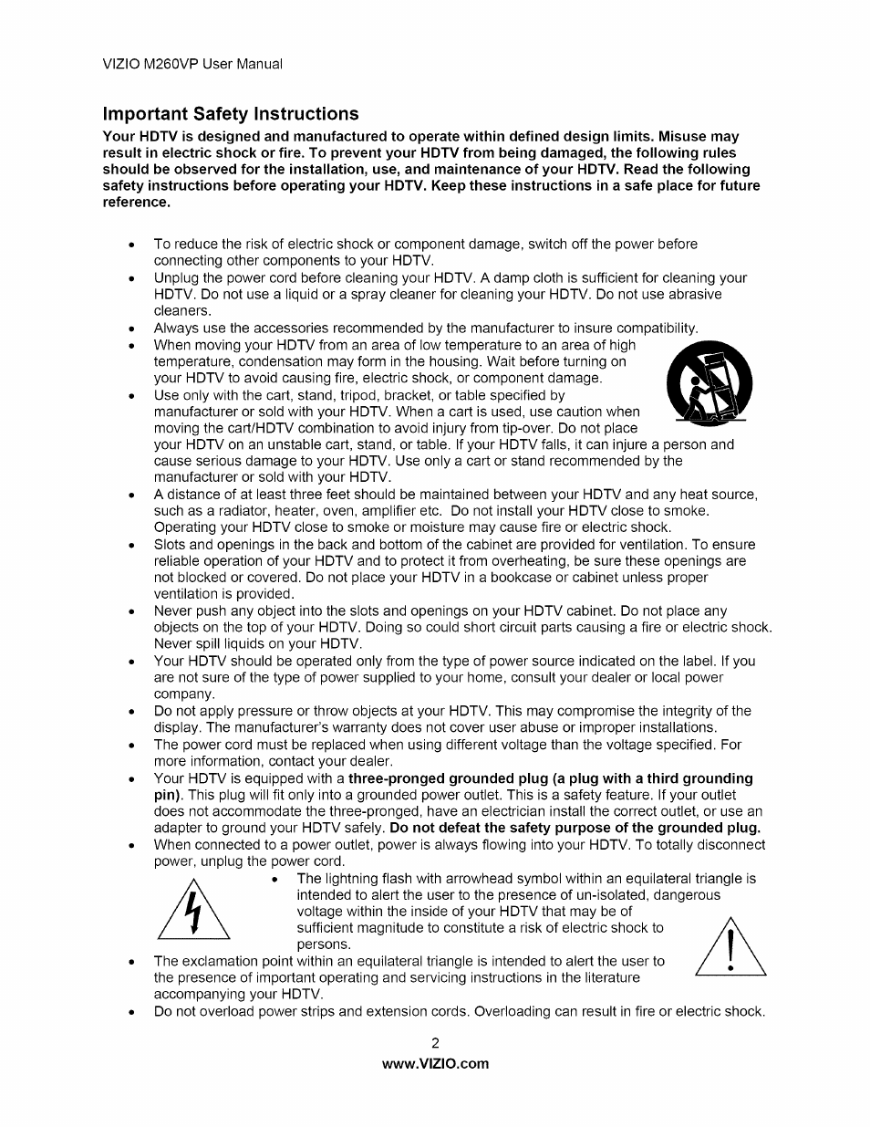 Important safety instructions | Vizio M260VP User Manual | Page 2 / 52