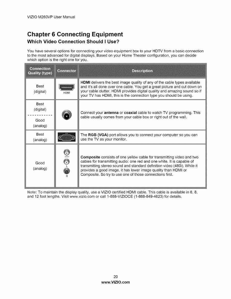 Chapter 6 connecting equipment, Which video connection shouid i use, Which video connection should i use | Vizio M260VP User Manual | Page 20 / 52