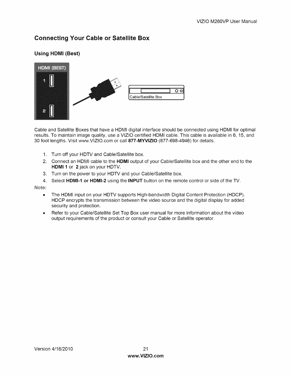 Connecting your cable or satellite box, Using homi (best), Using hdmi (best) | Vizio M260VP User Manual | Page 21 / 52