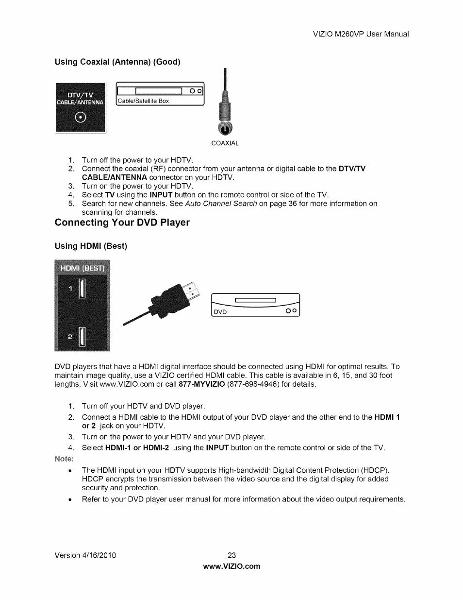 Using coaxial (antenna) (good), Connecting your dvd player, Using hdmi (best) | Vizio M260VP User Manual | Page 23 / 52
