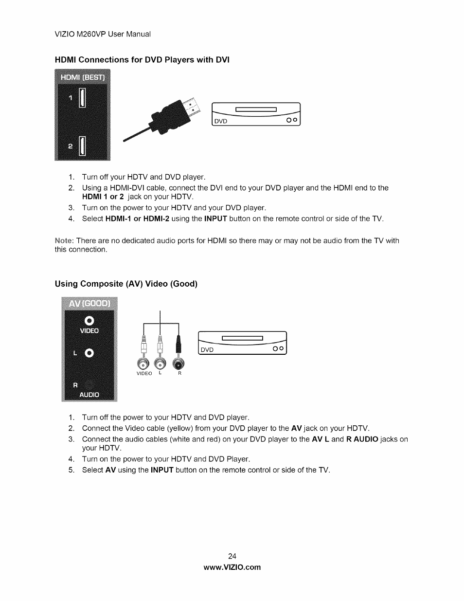 Hdmi connections for dvd players with dvi, Using composite (av) video (good) | Vizio M260VP User Manual | Page 24 / 52