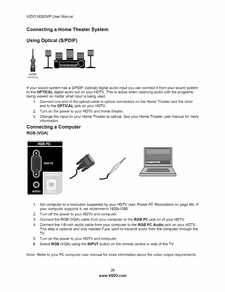 Connecting a computer, Rgb (vga) | Vizio M260VP User Manual | Page 26 / 52