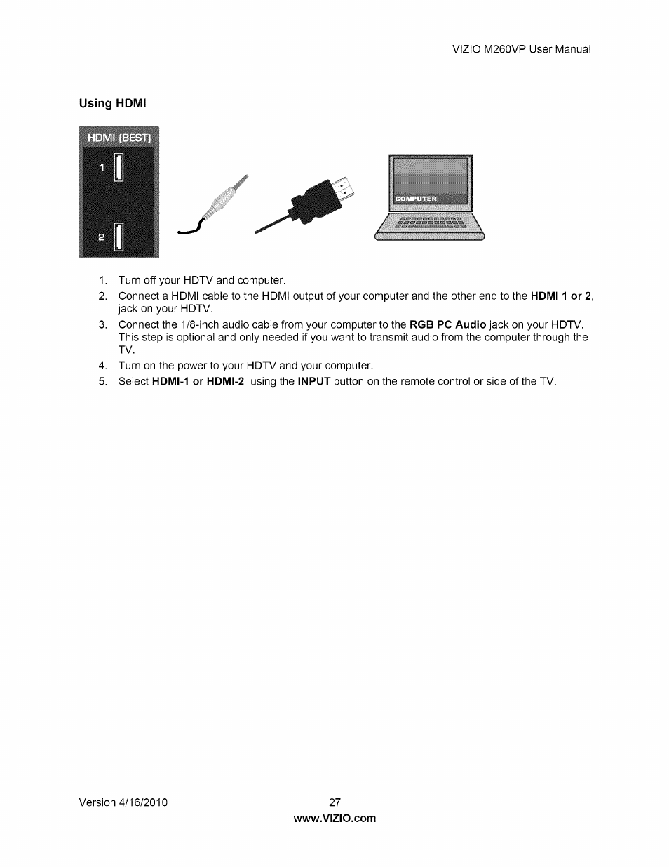 Using homi, Using hdmi | Vizio M260VP User Manual | Page 27 / 52