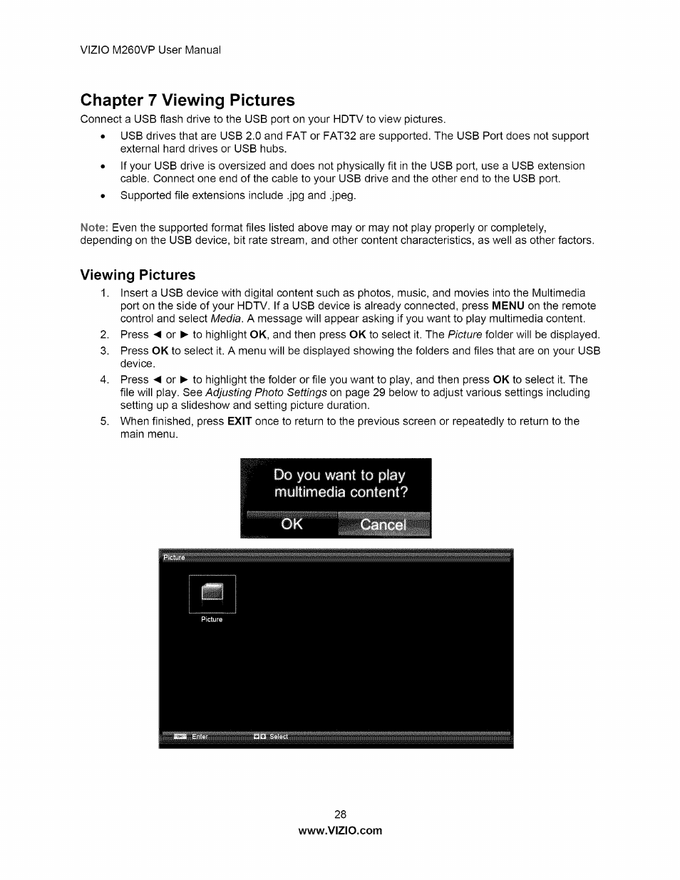Viewing pictures, Chapter 7 viewing pictures | Vizio M260VP User Manual | Page 28 / 52