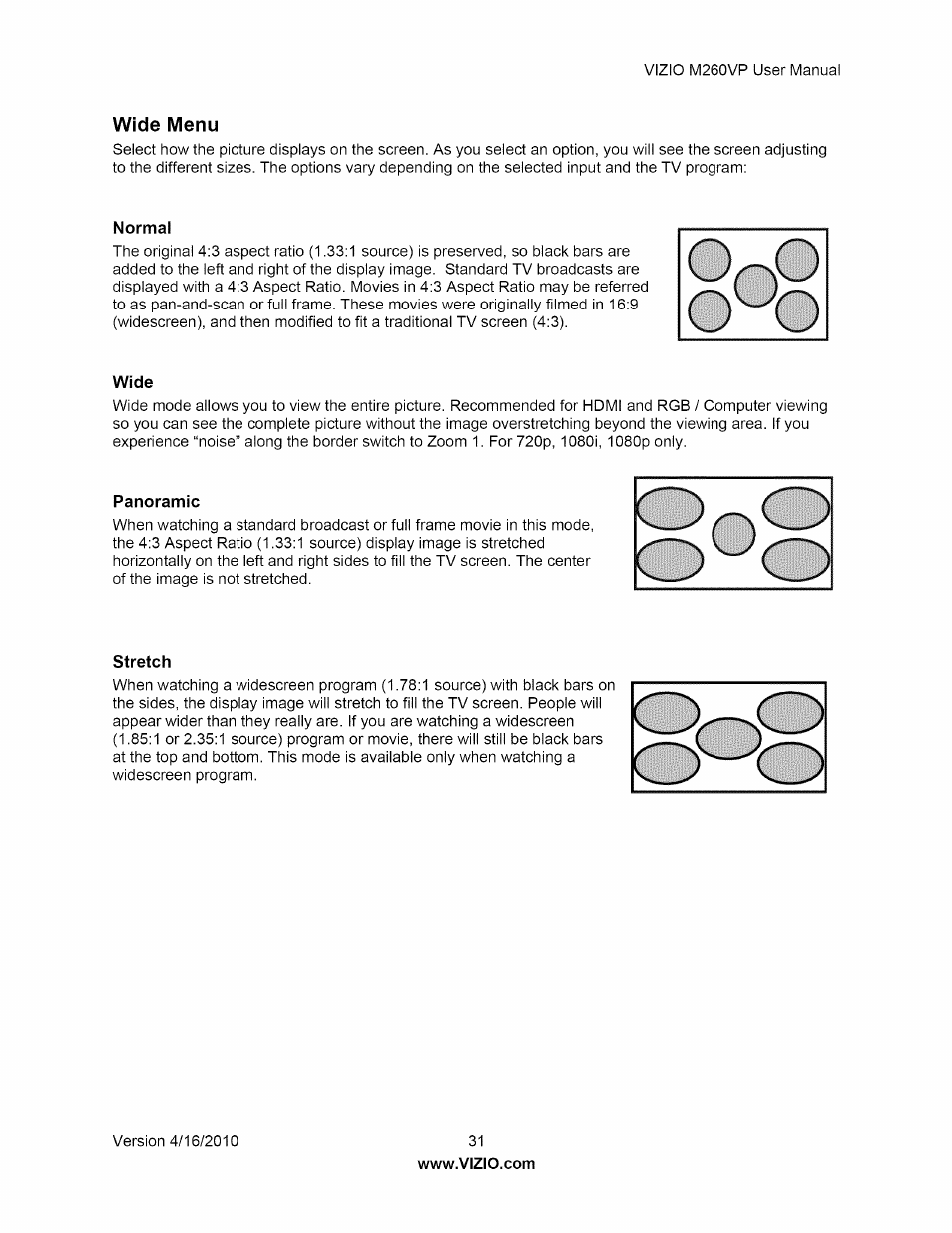 Wide menu, Normal, Wide | Panoramic, Stretch, Panoramic stretch | Vizio M260VP User Manual | Page 31 / 52