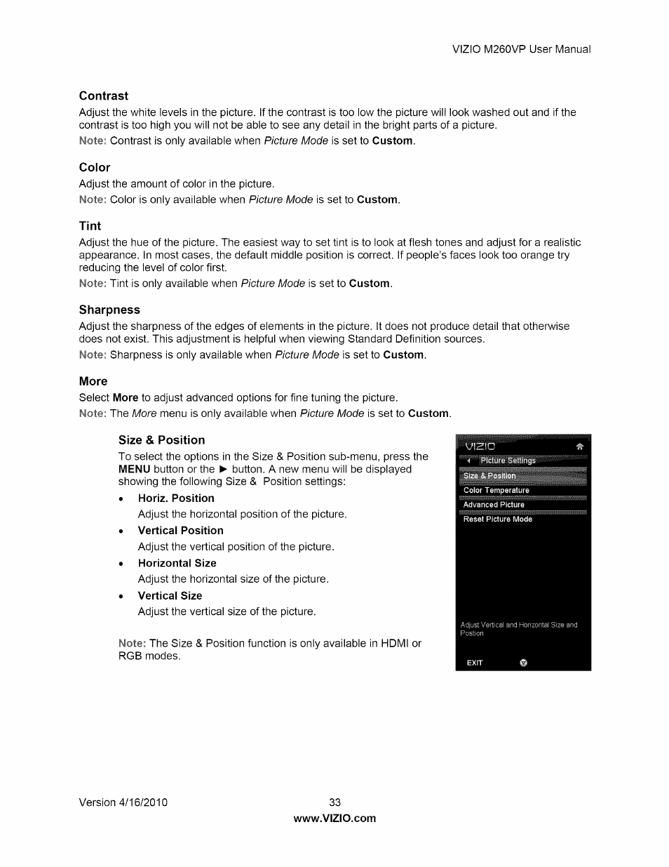 Contrast, Color, Tint | Sharpness, More, Size & position, Contrast color, Tint sharpness | Vizio M260VP User Manual | Page 33 / 52