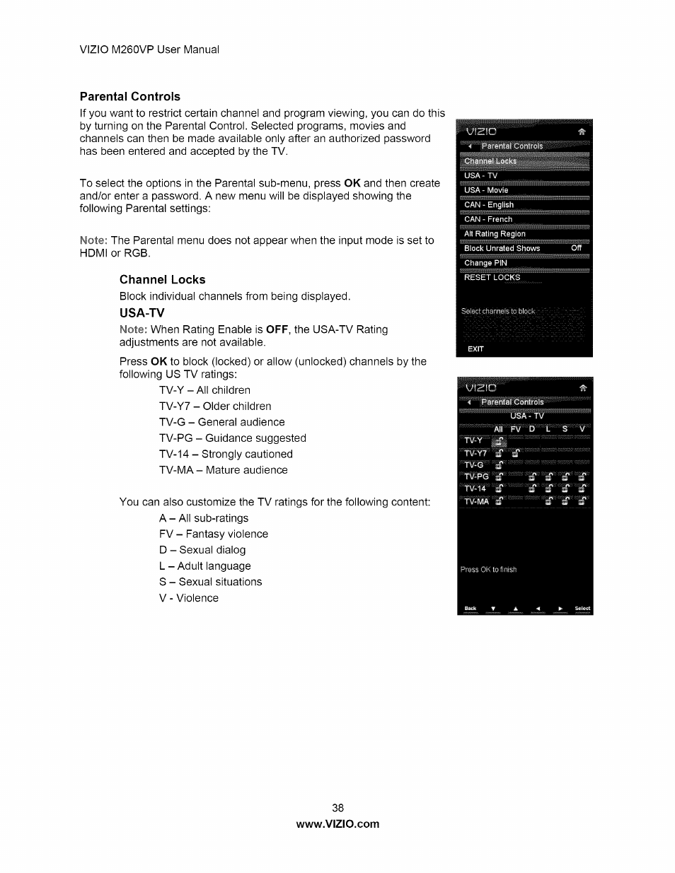 Parental controls, Channel locks, Usa-tv | Vizio M260VP User Manual | Page 38 / 52