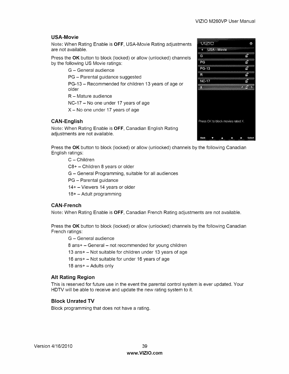 Usa-movie, Can-english, Can-french | Alt rating region, Block unrated tv | Vizio M260VP User Manual | Page 39 / 52