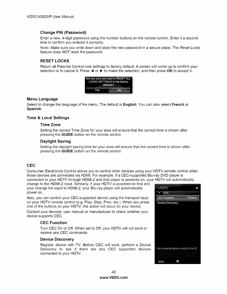 Change pin (password), Reset locks, Menu language | Time & local settings time zone, Cec function, Time & local settings cec | Vizio M260VP User Manual | Page 40 / 52