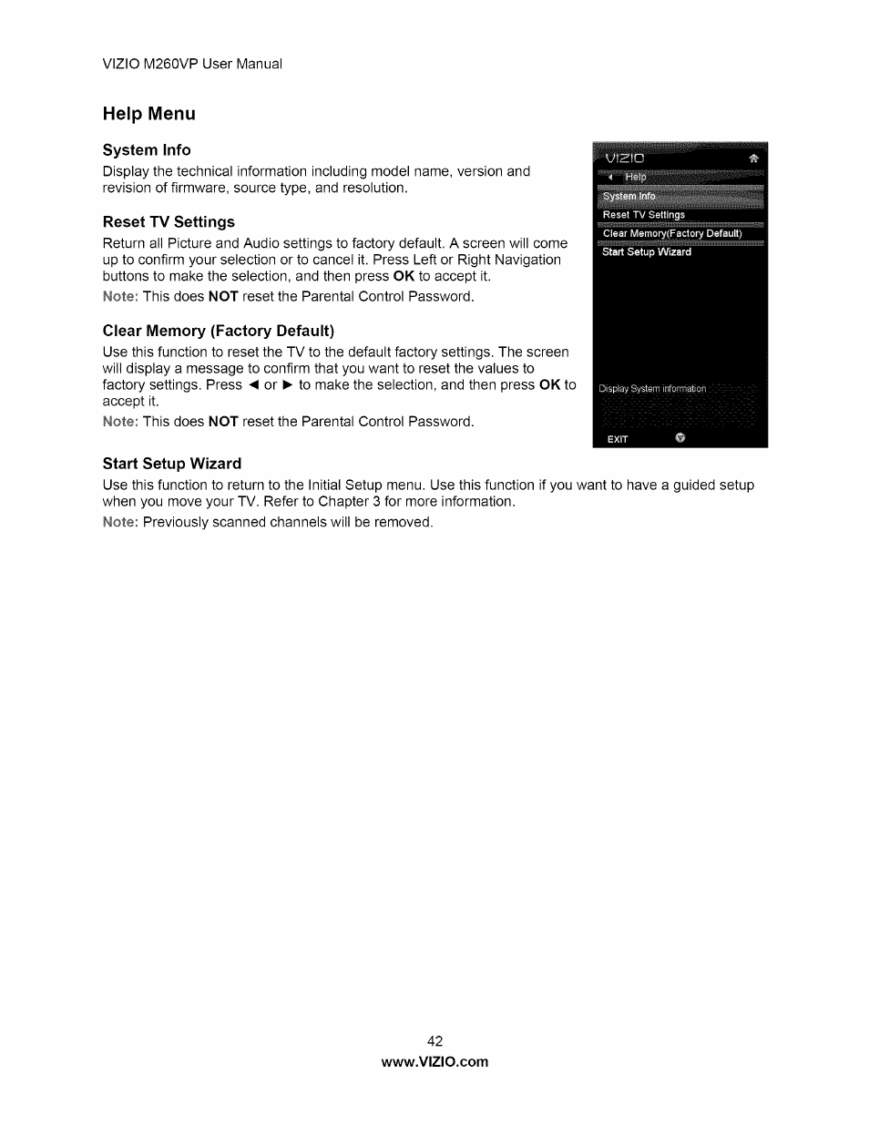 Help menu, System info, Reset tv settings | Clear memory (factory default), Start setup wizard | Vizio M260VP User Manual | Page 42 / 52